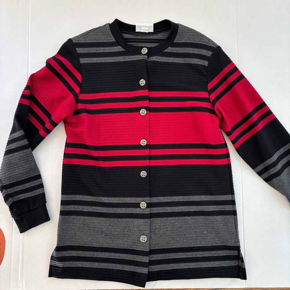 Alfred Dunner USA‎ sz small Striped Black Red metal button cardigan ribbed